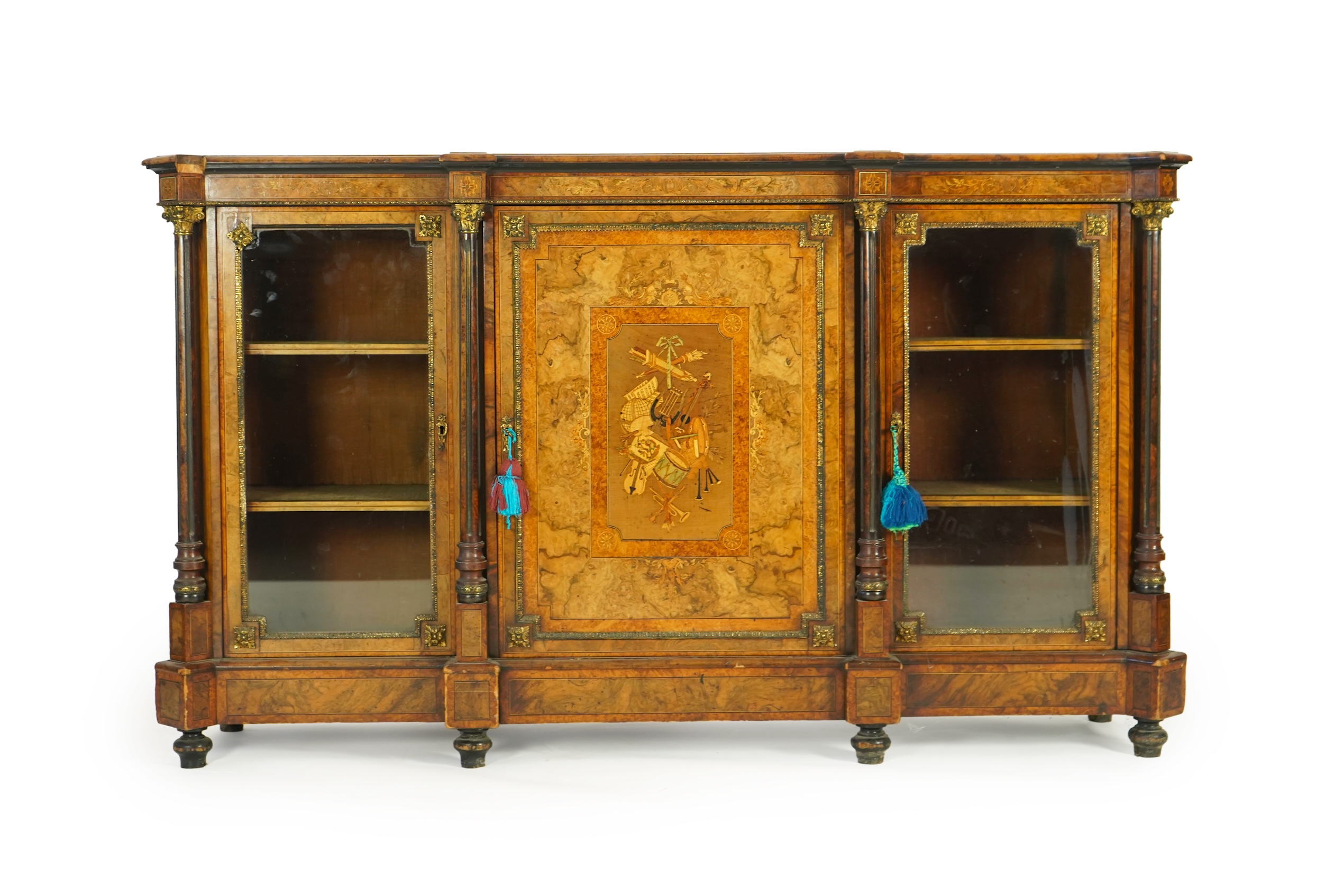 A Victorian birds eye maple banded, gilt metal mounted figured walnut side cabinet